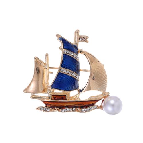 Zinc Alloy Brooches with Plastic Pearl Sail Boat plated for woman & with rhinestone Sold By PC