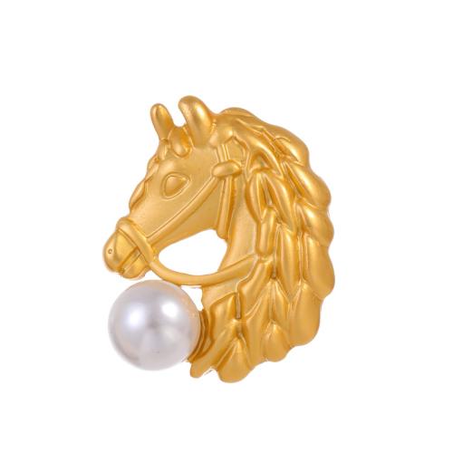 Zinklegering broches, Zinc Alloy, met Plastic Pearl, Paard, plated, voor vrouw, goud, Verkocht door PC