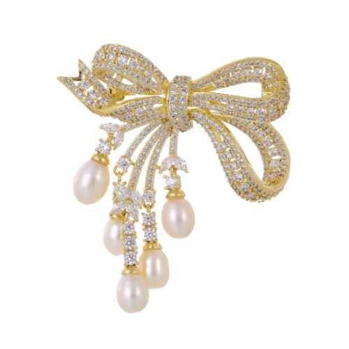 Fashion Brooch Jewelry Brass with Freshwater Pearl Bowknot plated micro pave cubic zirconia & for woman gold Sold By PC