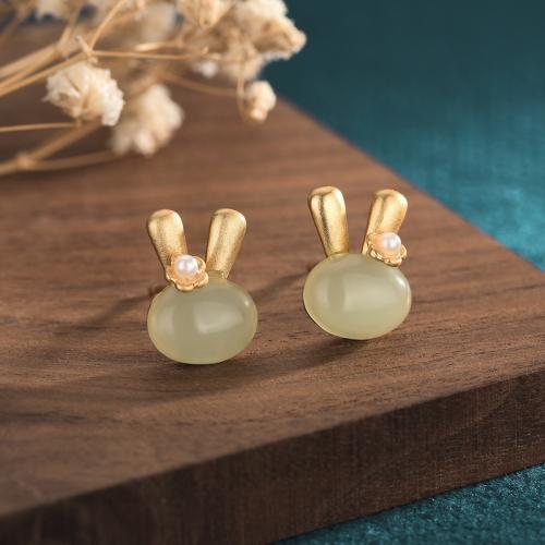 Brass Stud Earring with Jade & Plastic Pearl Rabbit fashion jewelry & for woman 12mm Sold By Pair