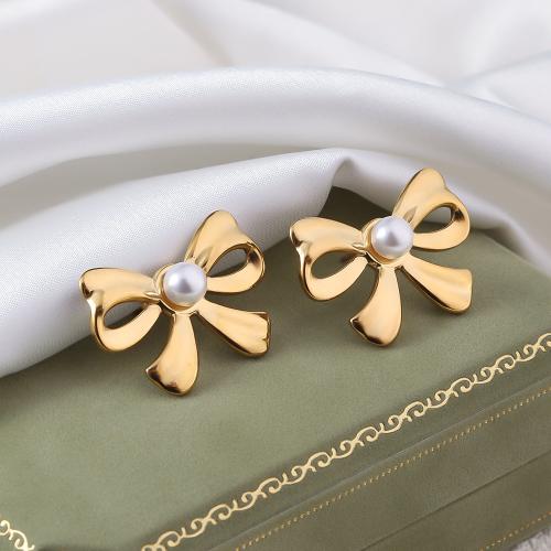 Stainless Steel Stud Earrings 304 Stainless Steel with Plastic Pearl Bowknot 18K gold plated fashion jewelry & for woman golden Sold By Pair