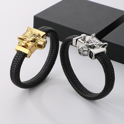 Stainless Steel Jewelry Bracelet 304 Stainless Steel with PU Leather Wolf plated for man Sold By PC