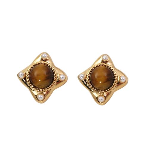 Zinc Alloy Stud Earring with ABS Plastic Pearl & Gemstone gold color plated fashion jewelry golden nickel lead & cadmium free Sold By Pair