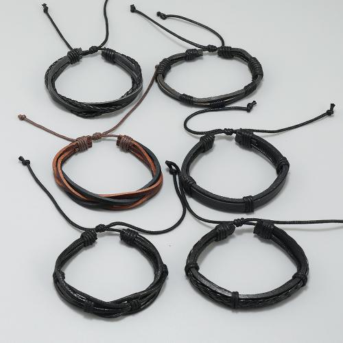 PU Leather Cord Bracelets with Linen & Wax Cord handmade 6 pieces & fashion jewelry & for man mixed colors Sold By Set