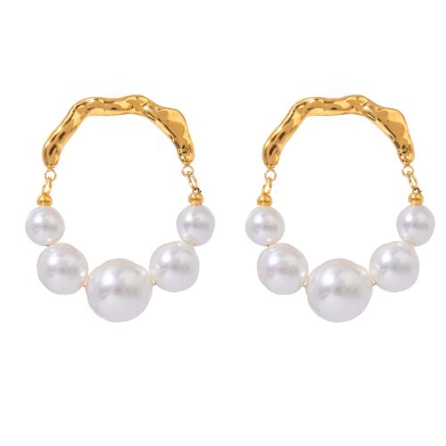 Roestvrij staal Stud Earrings, 304 roestvrij staal, met Plastic Pearl, plated, voor vrouw, goud, Verkocht door pair