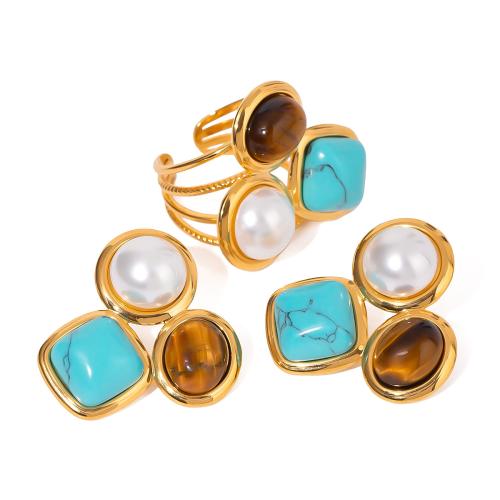 Fashion Stainless Steel Jewelry Sets 304 Stainless Steel with turquoise & Tiger Eye plated & for woman gold Sold By PC