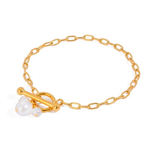 Roestvrij staal armbanden, 304 roestvrij staal, met Plastic Pearl, plated, voor vrouw, gouden, Verkocht door PC