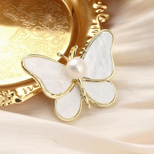 Freshwater Pearl Broche, Ferskvandsperle, med Messing, Butterfly, for kvinde, hvid, 40x33mm, Solgt af PC