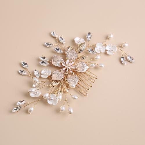 Decorative Hair Combs Zinc Alloy with Plastic Pearl for bridal & for woman & with rhinestone golden Sold By PC