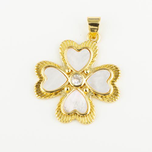 Messing Clover Hanger, met Schelp, Four Leaf Clover, mode sieraden & uniseks, gouden, 25x22mm, Gat:Ca 3mm, Verkocht door PC