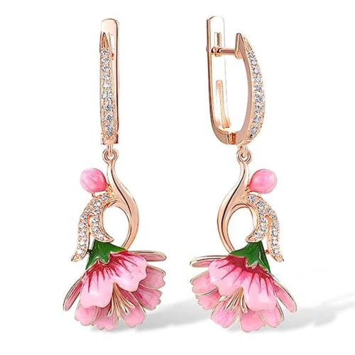 Boucles d'oreilles en laiton zircon cubique pavent, fleur, pavé de micro zircon & pour femme & émail, 40mm, Vendu par paire