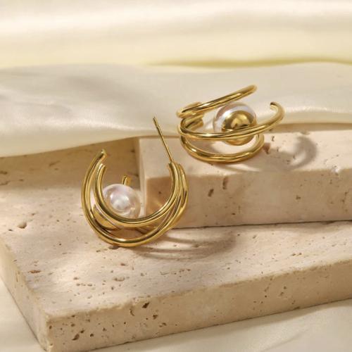 Brass Stud Earring with Plastic Pearl fashion jewelry & for woman Sold By Pair