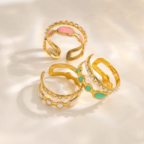 Enamel Stainless Steel Finger Ring 304 Stainless Steel with Plastic Pearl gold color plated for woman Sold By PC