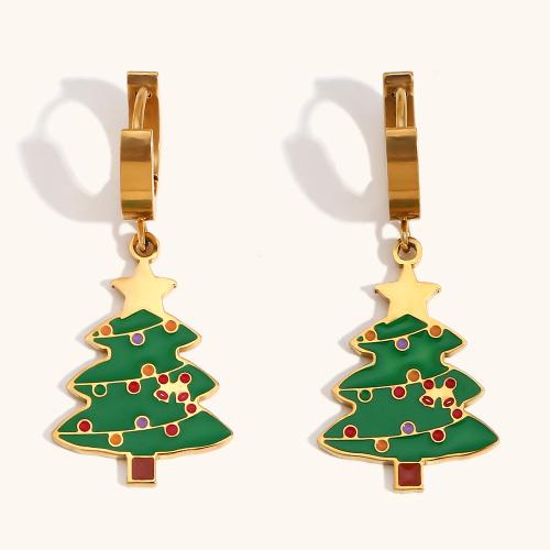 Boucles d'oreilles de Noël, Acier inoxydable 304, arbre de noël, Plaqué or 18K, Conception de Noël & pour femme & émail, Vendu par paire