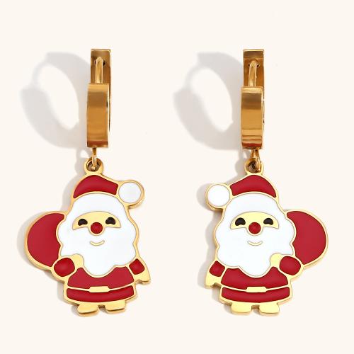 Christmas Earrings 304 Stainless Steel Santa Claus 18K gold plated Christmas Design & for woman & enamel Sold By Pair