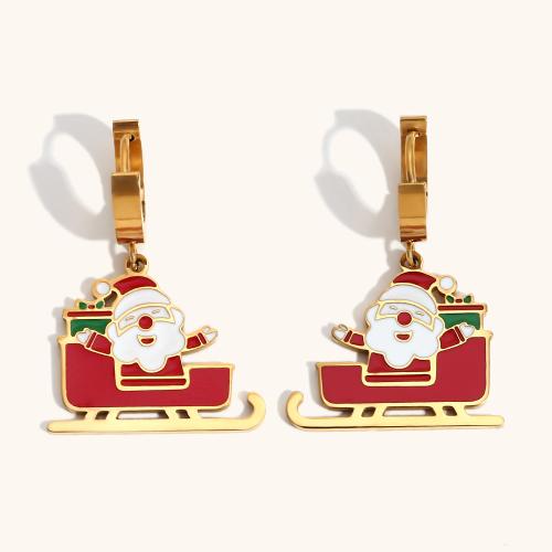 Christmas Earrings 304 Stainless Steel Santa Claus 18K gold plated Christmas Design & for woman & enamel Sold By Pair