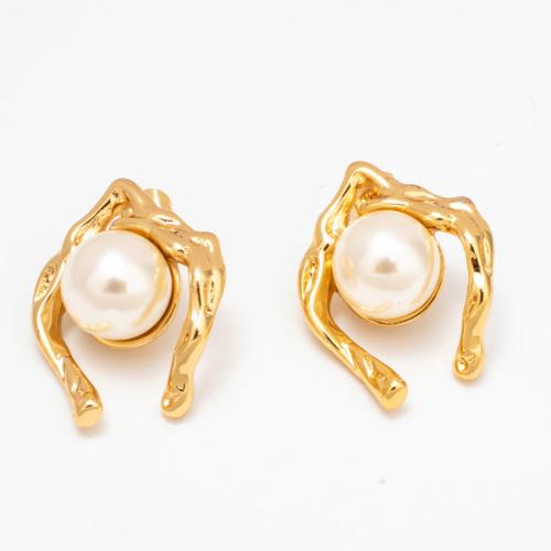 Stainless Steel Stud Earrings 304 Stainless Steel with Plastic Pearl Vacuum Ion Plating fashion jewelry & for woman golden Sold By Pair