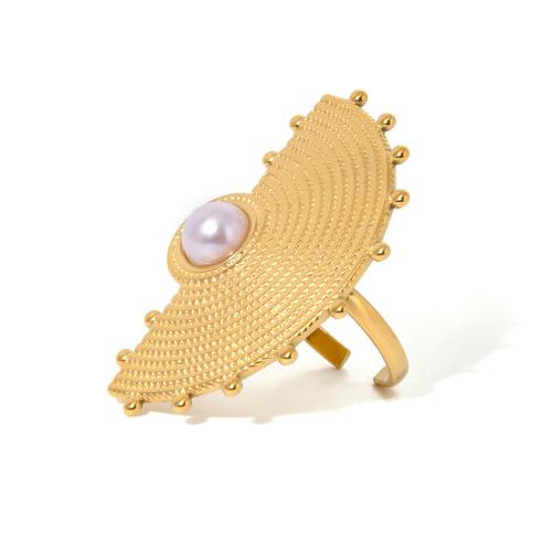 Vinger Ring in edelstaal, 304 roestvrij staal, met Plastic Pearl, plated, voor vrouw, goud, Verkocht door PC