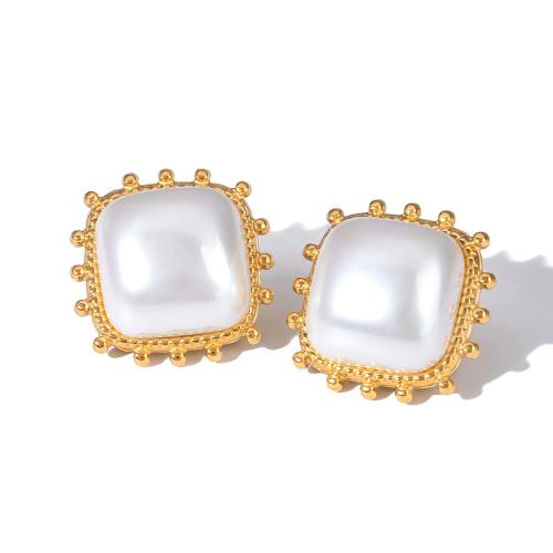 Stainless Steel Stud Earrings 304 Stainless Steel with Plastic Pearl plated for woman gold Sold By PC