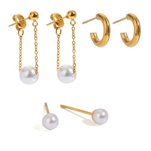 Stainless Steel Stud Earrings 304 Stainless Steel with Plastic Pearl plated three pieces & for woman gold Sold By Set