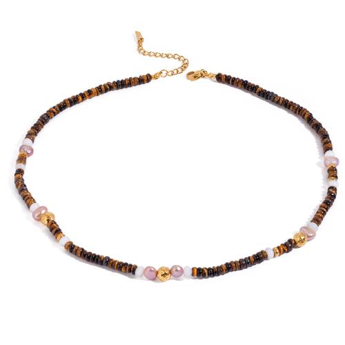 Stainless Steel Jewelry Necklace 304 Stainless Steel with Natural Stone & Tiger Eye & Plastic Pearl plated for woman gold Sold By PC