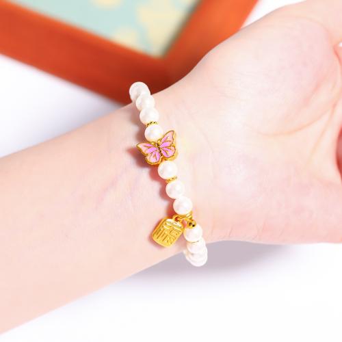 Brass Bracelet with Plastic Pearl Butterfly sang gold plated & for woman & enamel Approx 5mm Length Approx 6-7 Inch Sold By PC