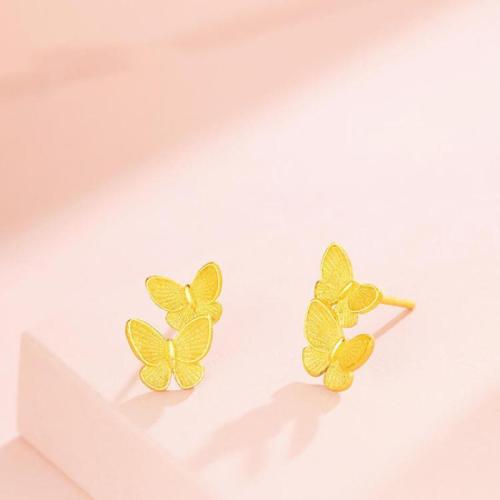 Brass Stud Earring Butterfly gold color plated sand blast & for woman Sold By PC