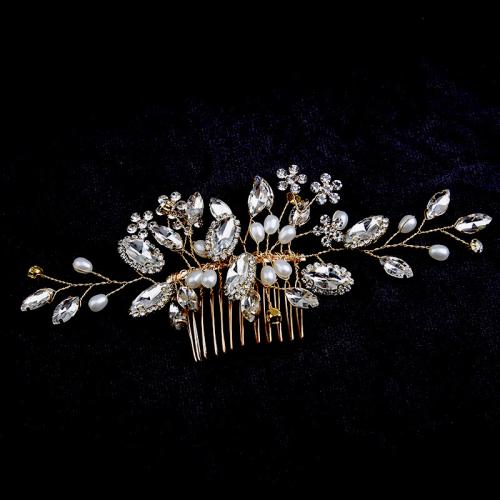 Decorative Hair Combs Iron with brass wire & Plastic Pearl for bridal & for woman & with rhinestone golden Sold By PC