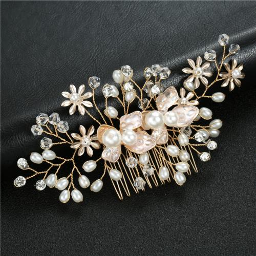 Decorative Hair Combs Zinc Alloy with brass wire & Crystal & Plastic Pearl for bridal & for woman golden Sold By PC