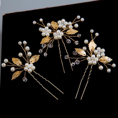 Hair Stick Zinc Alloy with brass wire & Plastic Pearl three pieces & for bridal Sold By Set