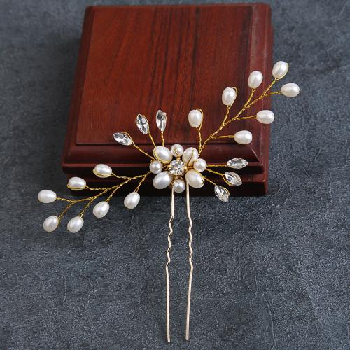 Hair Stick Iron with brass wire & Plastic Pearl for bridal & with rhinestone Sold By PC