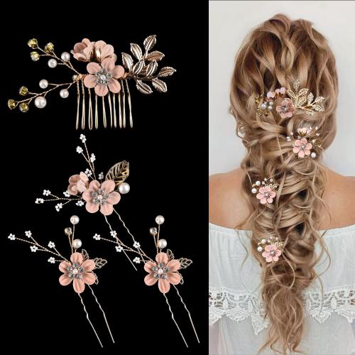 Accessoires pour cheveux mixtes, fer, avec perle de plastique, 4 pièces & pour mariée & avec strass, plus de couleurs à choisir, Hair comb Large size 17*6cm,Hair comb medium: 11*5cm,Hair Stick: 10*3cm, Vendu par fixé