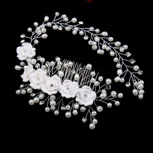 Decorative Hair Combs Iron with brass wire & Polymer Clay & Plastic Pearl for bridal & with rhinestone white Sold By PC