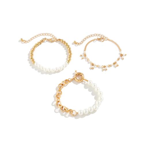 Zinc Alloy Bracelet with Plastic Pearl gold color plated three pieces & fashion jewelry golden nickel lead & cadmium free Sold By Set