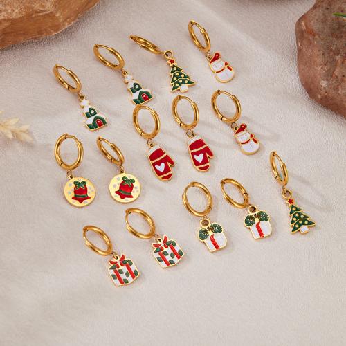 Boucles d'oreilles de Noël, Acier inoxydable 304, Placage, Conception de Noël & styles différents pour le choix & pour femme & émail, doré, 50x30x10mm, Vendu par paire