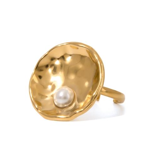 Vinger Ring in edelstaal, 304 roestvrij staal, met Plastic Pearl, plated, voor vrouw, goud, Verkocht door PC