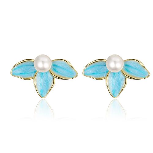 Brass Stud Earring with Plastic Pearl plated for woman & epoxy gel blue 16mm Sold By Pair