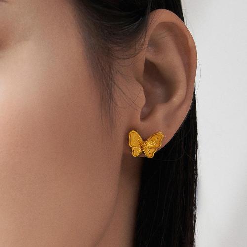 Brass Stud Earring Butterfly gold color plated & for woman Sold By Pair