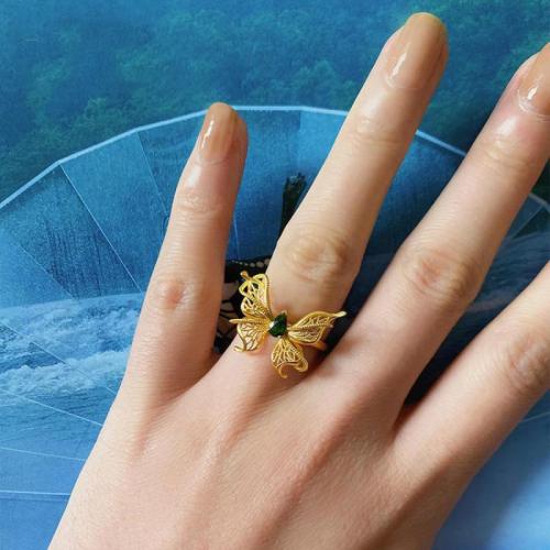 Brass Cuff Finger Ring with Diopside Butterfly gold color plated for woman & hollow US Ring .5 Sold By PC