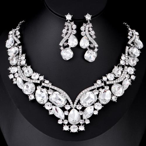 Zinc Alloy Jewelry Sets Stud Earring & necklace with Crystal with 5cm extender chain 2 pieces & fashion jewelry & for woman & with rhinestone Length 40 cm Sold By Set