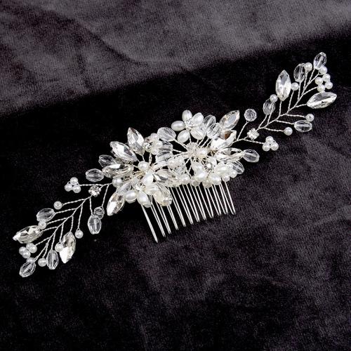 Decorative Hair Combs Zinc Alloy with brass wire & Crystal & Plastic Pearl for bridal & with rhinestone Sold By PC