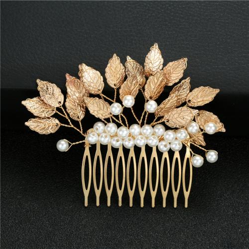 Decorative Hair Combs Zinc Alloy with brass wire & Plastic Pearl for bridal golden Sold By PC