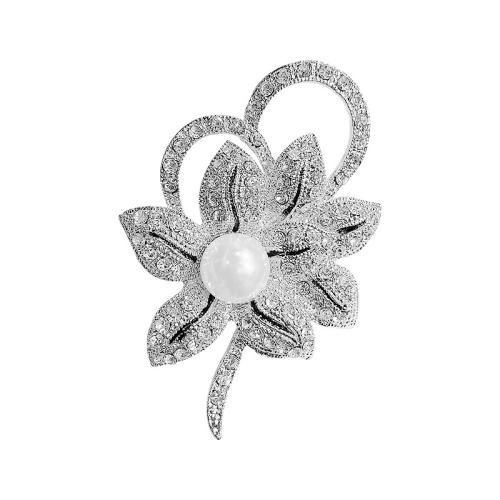 Zinc Alloy Brocher, med Plastic Pearl, Flower, for kvinde & med rhinestone, sølv, 40x55mm, Solgt af PC