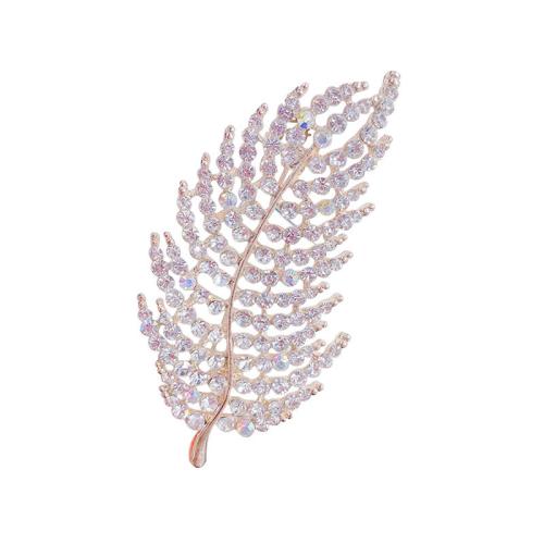 Broches en alliage de zinc, forme de plume, pour femme & avec strass, doré, 70x30mm, Vendu par PC