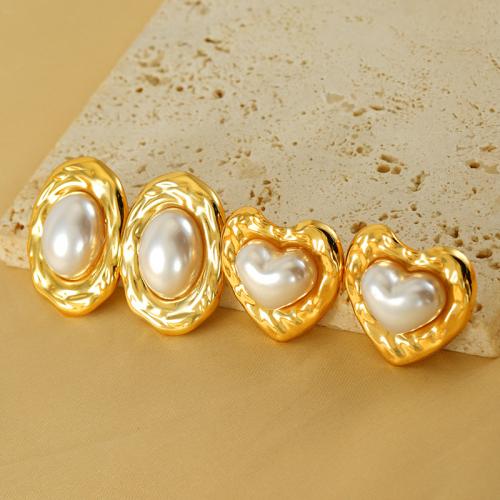 Roestvrij staal Stud Earrings, 304 roestvrij staal, met Plastic Pearl, 18K verguld, mode sieraden & verschillende stijlen voor de keuze & voor vrouw, gouden, Verkocht door PC