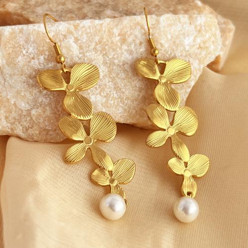 Stainless Steel Drop Earring 304 Stainless Steel with Plastic Pearl Flower fashion jewelry & for woman golden Sold By Pair