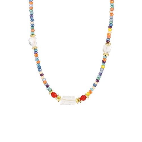 Colliers de perles de verre, avec pierre gemme & laiton, avec 5cm chaînes de rallonge, Placage de couleur d'or, bijoux de mode & pour femme, couleurs mélangées, Longueur Environ 40 cm, Vendu par PC