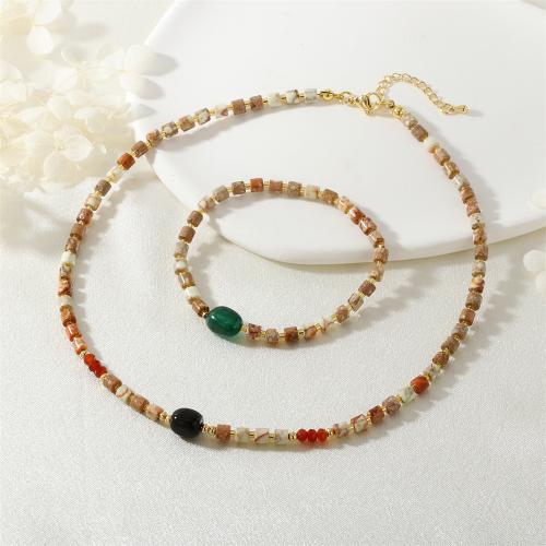 Natural Gemstone Jewelry Sets bracelet & necklace with Glass Beads & Brass gold color plated fashion jewelry & for woman Sold By PC