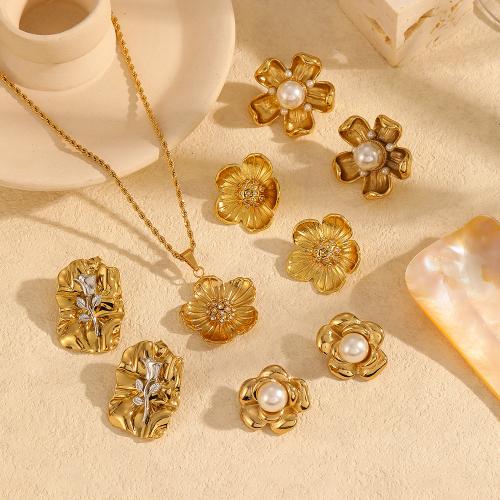 Cubic Zirconia Stainless Steel Jewelry Sets Stud Earring & necklace 304 Stainless Steel with Plastic Pearl Flower gold color plated & micro pave cubic zirconia & for woman Sold By PC