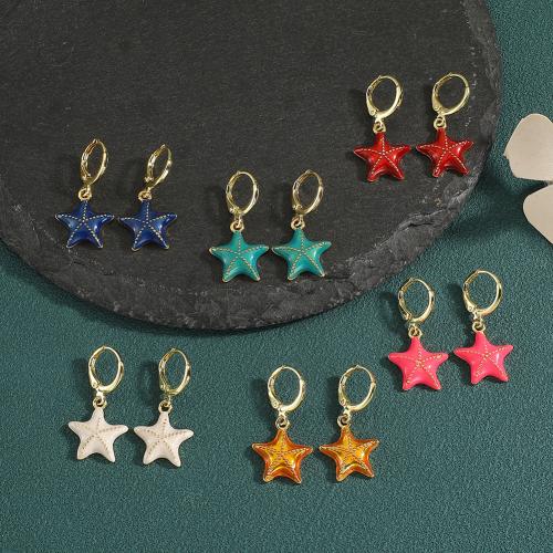 Huggie Hoop Drop Earring Brass Star gold color plated for woman & enamel nickel lead & cadmium free Sold By Pair